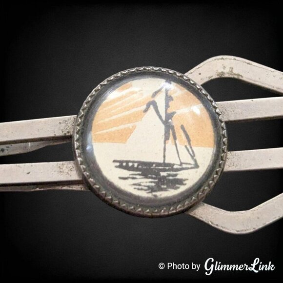 Vintage Hand Painted Sailboat Nautical Silver Tone Tie Bar Clip - Picture 2 of 9